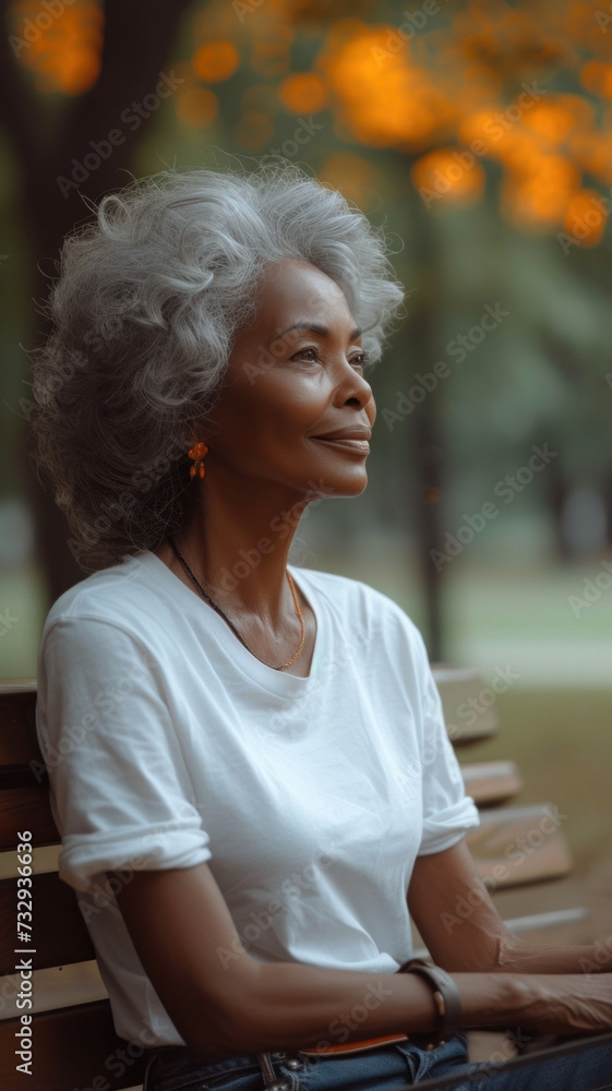 Old African woman sitting on bench on background of green summer city park. Old African woman sitting on bench on background of green summer city park.