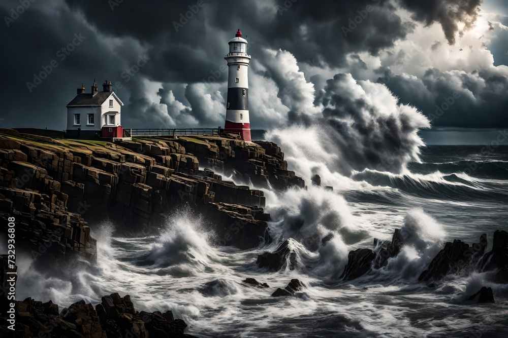 a striking scene of a lighthouse on the coast, with the sea appearing rough and turbulent waves crashing against the rocks. Above the scene is a dramatic sky filled with billowing clouds