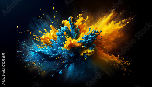 sky blue and bright yellow paint splashing against a black background