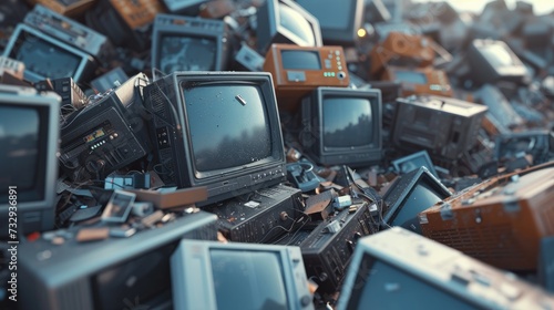 Pile of Discarded Electronics, vast heap of obsolete electronics, including old televisions and phones, showcasing technology waste