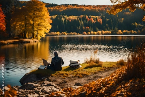 A book by the lake in the fall season