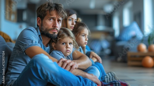 Concerned Family in Living Room, family of four sits closely together with apprehensive expressions in their home, creating a poignant scene of unity in times of uncertainty photo