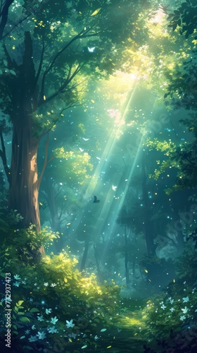 The forest  a 4k vector style wallpaper designed for a tablet  using light colours inspired by the cosmos and an enchanted verdant forest  light blues and greens   cartoon  anime style