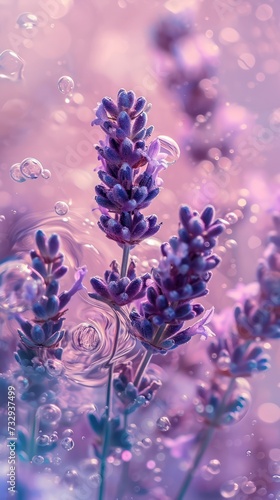 lavender, A macro photo of lavender in the water, fresh, with a light purple and transparent texture style, anime aesthetics, interesting complexity, dreamy vibe, perfume, fragrance
