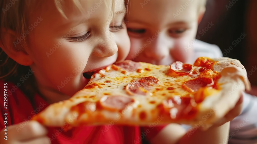 The kids' animated enjoyment of their pizza is evident, their excitement contributing to the vibrant energy of the pizza place.