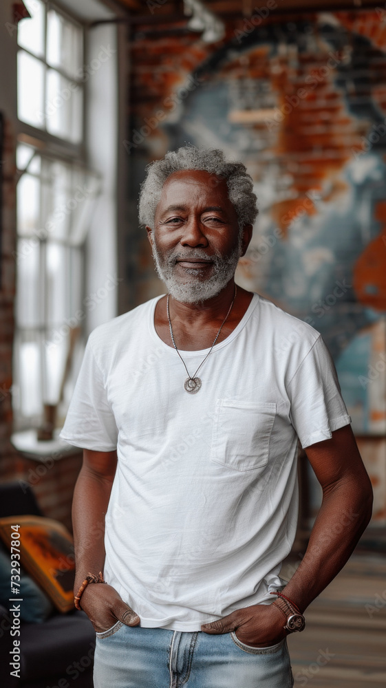 Old African man on background of modern loft colorful living room of house Old African man on background of modern loft colorful living room of house