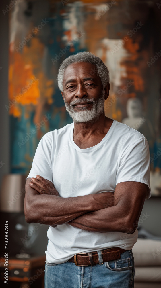 Old African man on background of modern loft colorful living room of house Old African man on background of modern loft colorful living room of house