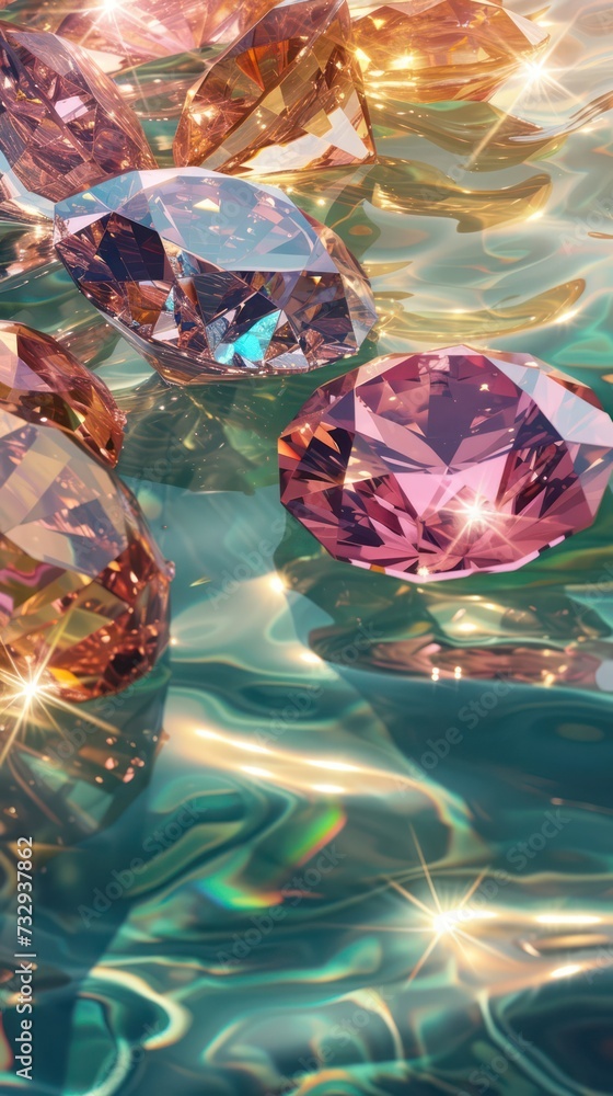 Sparkling diamonds float in the water, in the style of dreamy color palette, light magenta and light amber, vibrant glasswork studies, photorealistic detail, sun-soaked colors, whimsical magic