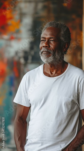 Old African man on background of modern loft colorful living room of house