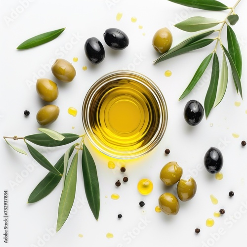 olive oil and olives isolated on white background