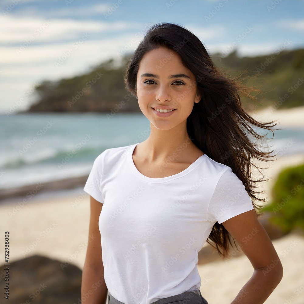 beautiful young female model wearing white t-shirt at the beach with copy space for tee mock-up, add your own design or branding beautiful young female model wearing white t-shirt at the beach with copy space for tee mock-up, add your own design or branding