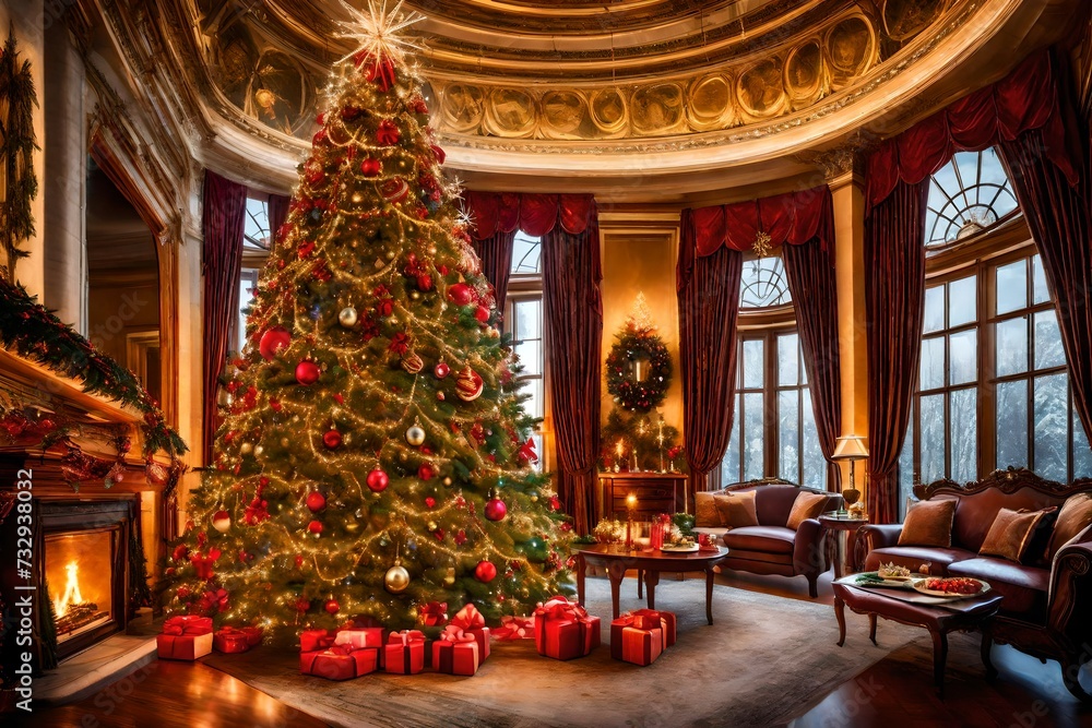 A large beautifully decorated Christmas tree stands tall in the luxurious room on Christmas night