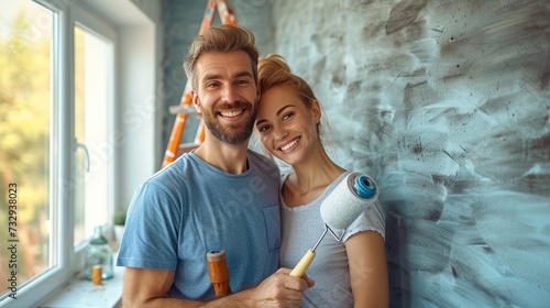 Smiling happy couple painting the wall of their new home holding paint rollers near ladder. Married man and woman doing repair renovation preparing to move into a new flat, copy space photo