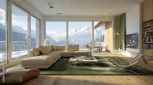 A beautiful apartment interior with an expansive window revealing a captivating mountain vista, creating a serene and idyllic atmosphere. © GoLyaf