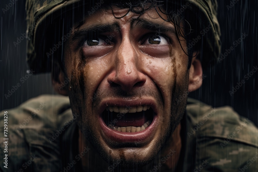 Fear of the military, horror in the eyes of a man, fear of war, Portrait of an Army with a dirty face in the forest. Ai generated Fear of the military, horror in the eyes of a man, fear of war, Portrait of an Army with a dirty face in the forest. Ai generated