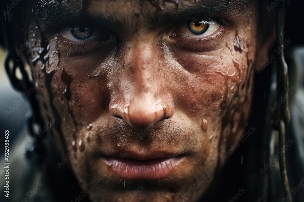 Fear of the military, horror in the eyes of a man, fear of war, Portrait of an Army with a dirty face in the forest. Ai generated Fear of the military, horror in the eyes of a man, fear of war, Portrait of an Army with a dirty face in the forest. Ai generated