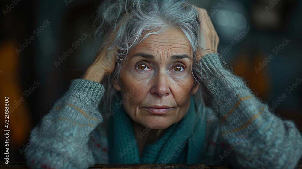 Senior woman with depression sitting with her head in her hands at home ,generative ai Senior woman with depression sitting with her head in her hands at home ,generative ai