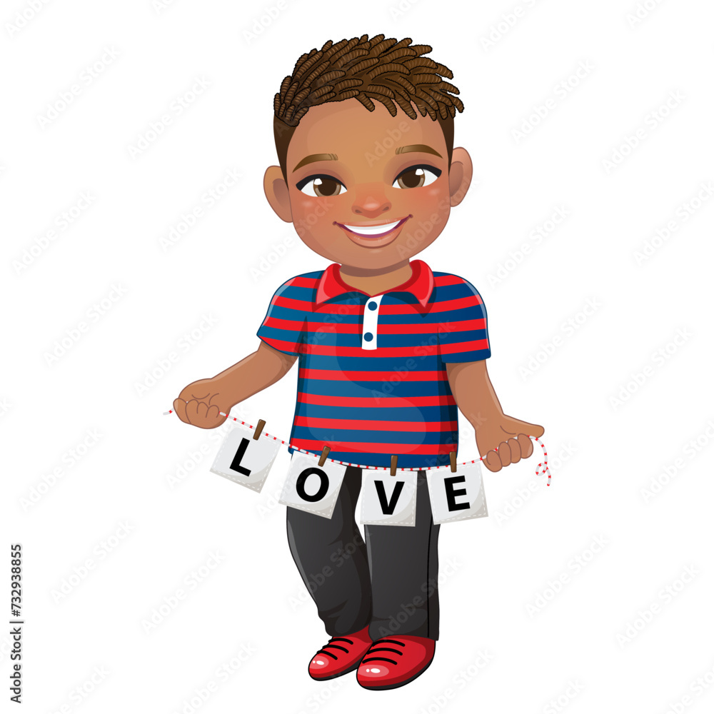 Valentine s Day with American African Boy holding letters of word LOVE cartoon character vector illustration Valentine s Day with American African Boy holding letters of word LOVE cartoon character vector illustration