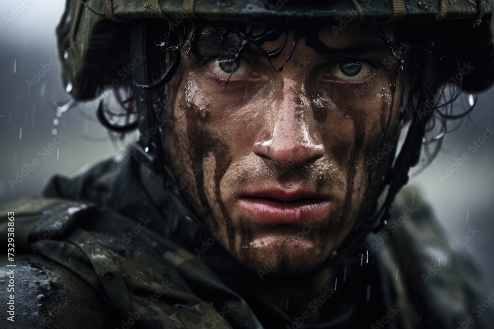 Fear of the military, horror in the eyes of a man, fear of war, Portrait of an Army with a dirty face in the forest. Ai generated Fear of the military, horror in the eyes of a man, fear of war, Portrait of an Army with a dirty face in the forest. Ai generated