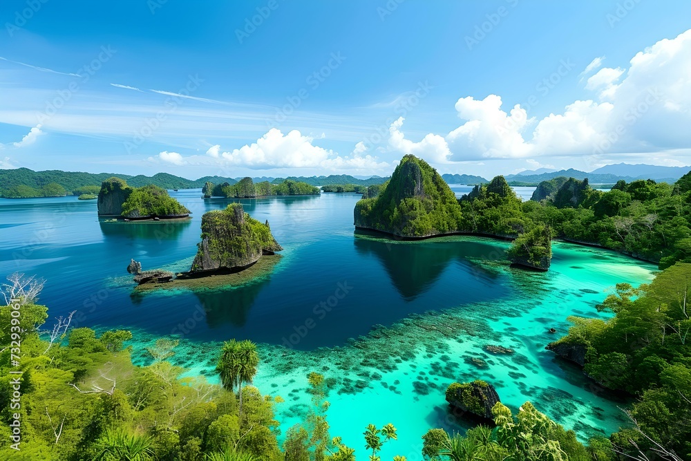 Tropical paradise landscape with turquoise waters. lush green islands under sunny skies. perfect for travel and holiday themes. serenity captured. AI