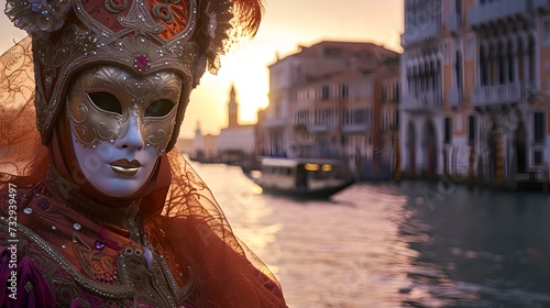 Enigmatic masked figure at venice canal during sunset. captivating carnival portrait framed by water. a glimpse of traditional italian festivity. AI