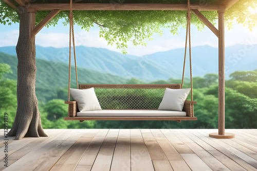 Old wooden terrace with wicker swing hang on the tree with blurry nature background 3d render. © Nyetock
