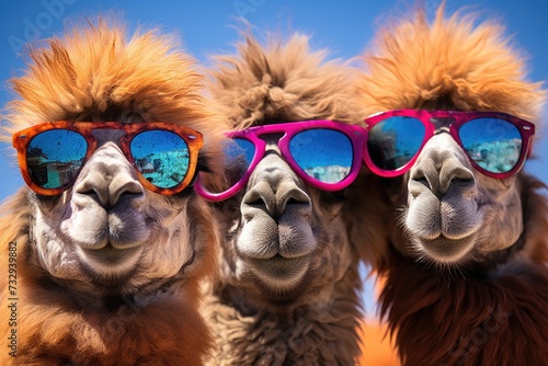 Three camels face wearing sunglasses, Camel wearing sunglasses against blue sky with clouds. 3d rendering. Ai generated