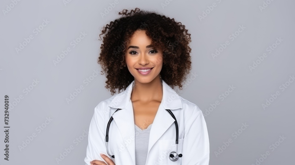 Approachable authority: An Afro American woman in a white medical coat smiles, radiating professionalism and warmth on a gray backdrop. Approachable authority: An Afro American woman in a white medical coat smiles, radiating professionalism and warmth on a gray backdrop.