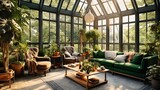 A sun-drenched conservatory with floor-to-ceiling windows and indoor greenery