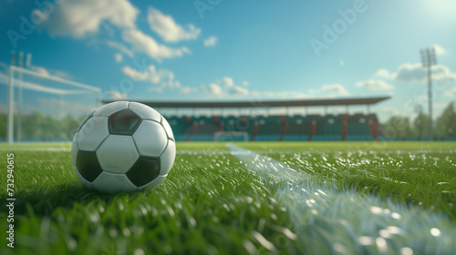 a soccer ball near the goalpost on a perfectly maintained grass field, the vast empty stadium in the background, Generative AI