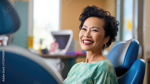 Healthy smile: An Asian woman beams with beautiful teeth in a dentist's chair, reflecting dental wellness and a vibrant smile