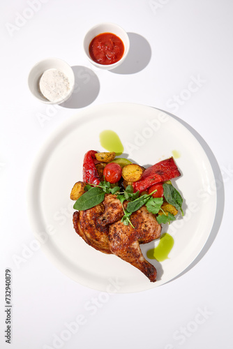 Roasted chicken tabaka with potatoes and sauces on a white background, top view - ideal for menus and culinary guides