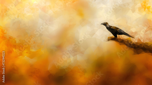 Abstract Low Poly Bird on a Branch in Warm Autumn Colors © Psykromia