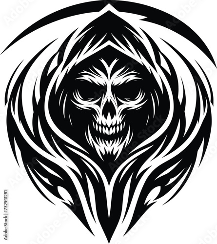 modern tribal tattoo grim reapers, abstract line art of mythological creatures, fantasy, minimalist contour. Vector