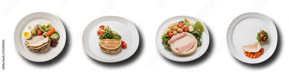 Set of plates with breakfast Isolated cutout on transparent background