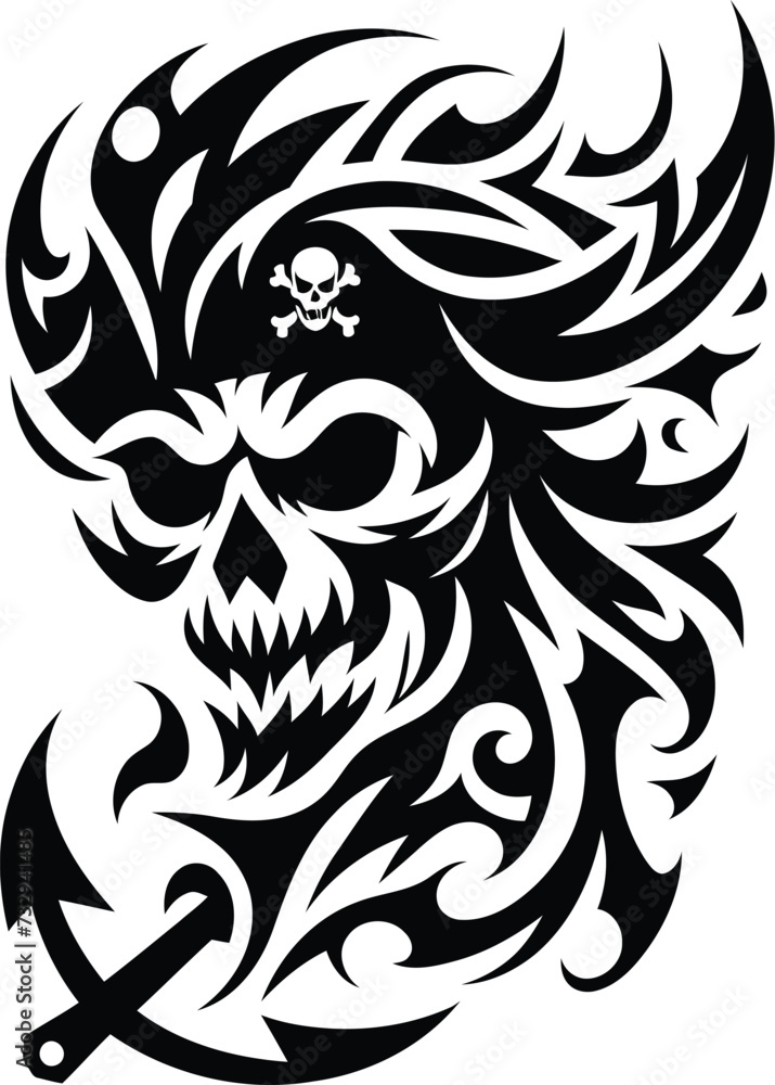 modern tribal tattoo pirate skulls, abstract line art of mythological creatures, fantasy, minimalist contour. Vector