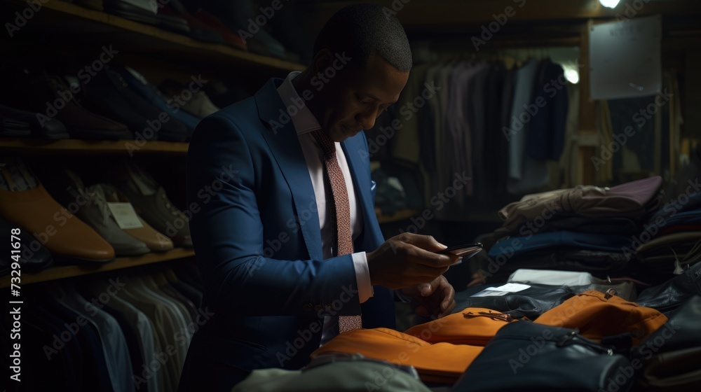African-American salesman standing in a store near the costume racks.