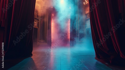 Mysterious theater stage with velvet curtains and colorful spotlight smoke. perfect for background use. dramatic and theatrical setting. AI