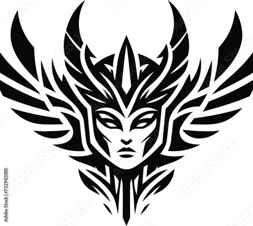 modern tribal tattoo valkyrie, abstract line art, minimalist contour. Vector