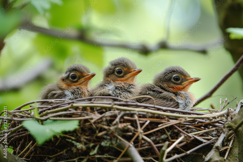 Fototapeta premium Three baby robins in a nest