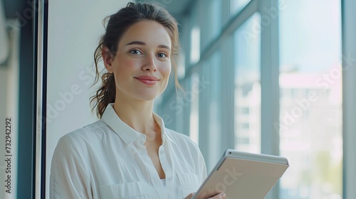 Young happy businesswoman using digital tablet while standing by the window in the office and looking at camera, realistic, HD, copy space - generative ai
