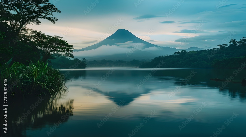 Tranquil lake at dawn with reflective water, serene mountain landscape, perfect for wall art and backgrounds. AI
