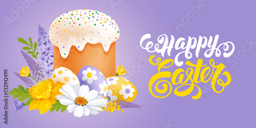 Happy Easter banner template. Glazed Easter cake, cute colored eggs with daisy pattern, spring flowers on light violet background. Calligraphy hand drawn inscription Happy Easter. Vector illustration