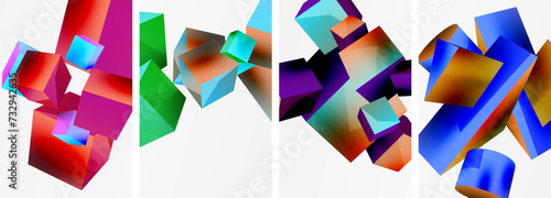 Flying 3d shapes, cubes and other geometric elements background design for wallpaper, business card, cover, poster, banner, brochure, header, website