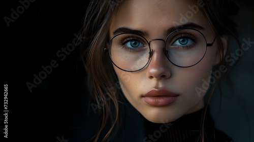 Portrait of a young woman with glasses emerging from shadows. simple, elegant, and perfect for diverse media use. expressive and captivating. AI