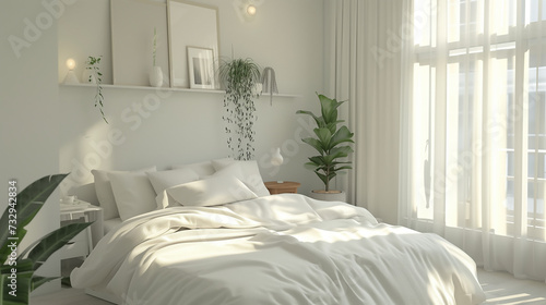 Modern white and clean bedroom, Minimal style, Green plant in white room, Interior design, Scandinavian design, wooden furniture