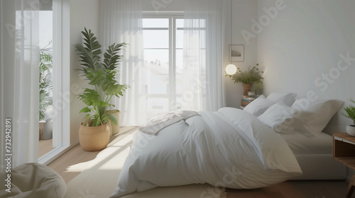 Modern white and clean bedroom, Minimal style, Green plant in white room, Interior design, Scandinavian design, wooden furniture