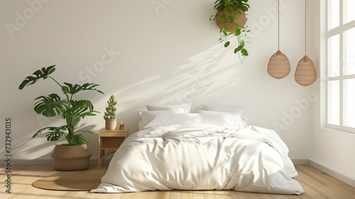 Modern white and clean bedroom, Minimal style, Green plant in white room, Interior design, Scandinavian design, wooden furniture