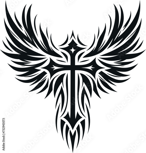 modern tribal tattoo cross wing, abstract line art, minimalist contour. Vector