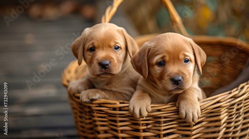 Two adorable puppies peering out from a wicker basket. charming pet portrait perfect for animal enthusiasts. cozy and cute scene. AI